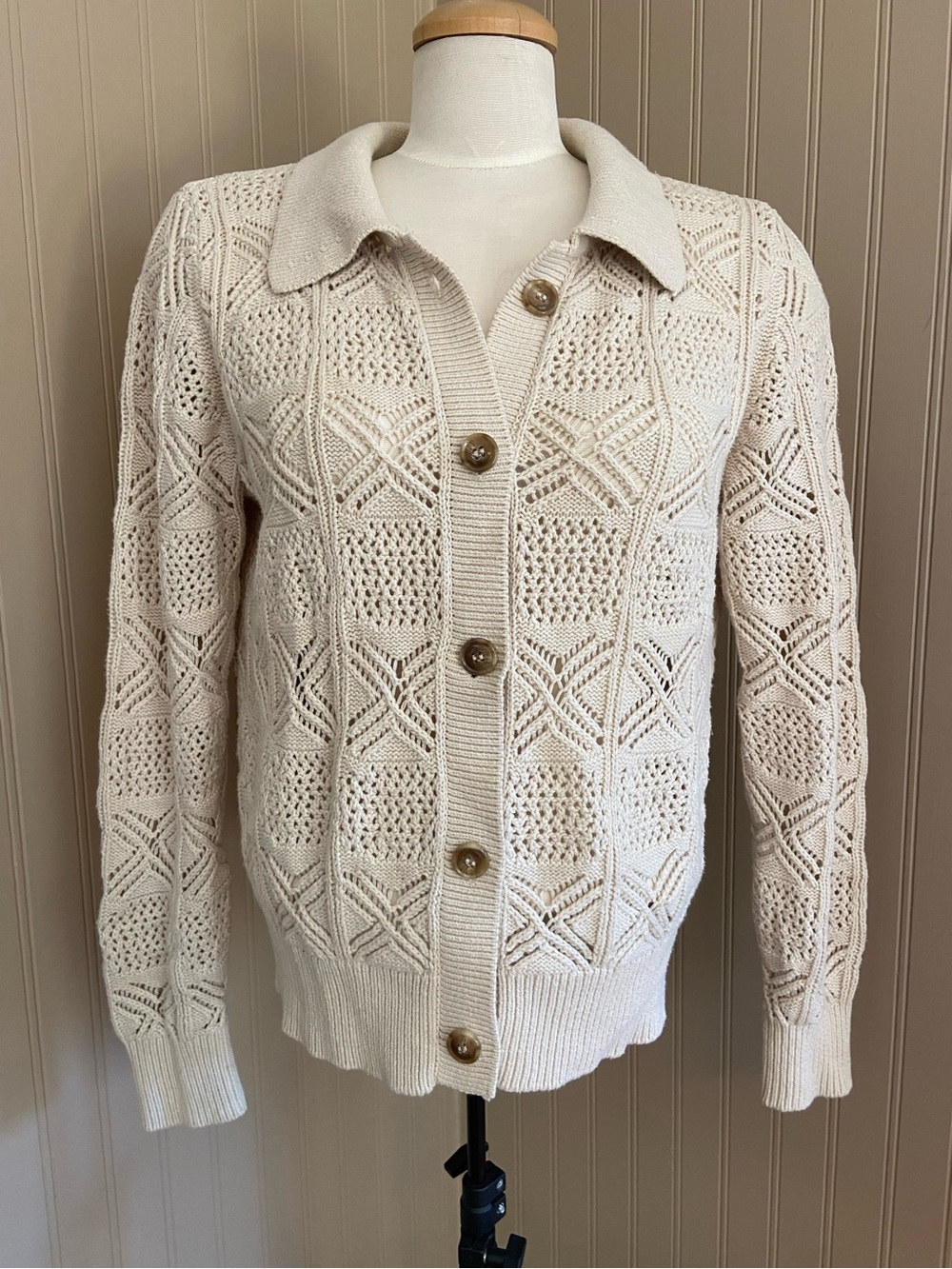 Rachel Zoe Cotton Blend Cream Coloured Collard Cardigan Women’s Size Large